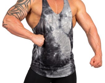 Mens Tie Dye Tank Retro Stringer Bodybuilding Muscle Gym Training
