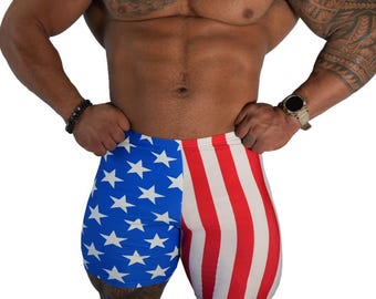 Mens Retro Stripe Spandex Bodybuilding Gym Shorts - Stars & Stripes