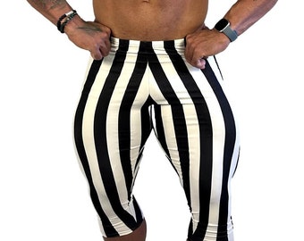Mens Retro Stripe Spandex Bodybuilding Capri Tights - Black/White