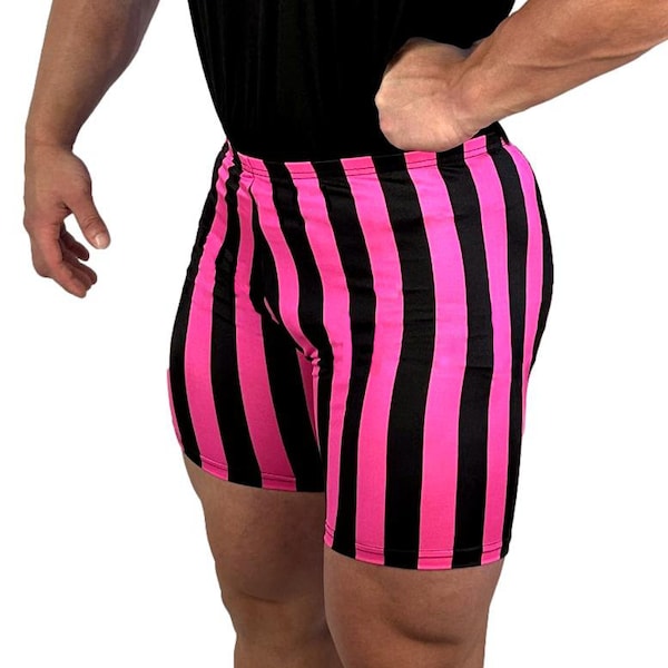 Black/Hot Pink Striped Vintage Spandex Gym Shorts Activewear Exercise Fitness Workout