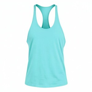 May include: A solid turquoise tank top featuring a racerback design with a scoop neckline and wide shoulder straps. The garment is sleeveless with a straight hemline, constructed from a smooth, plain fabric in a bright, uniform cyan-blue color.
