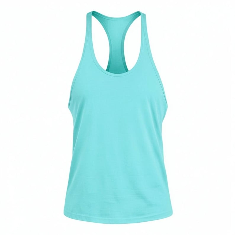 May include: A solid turquoise tank top featuring a racerback design with a scoop neckline and wide shoulder straps. The garment is sleeveless with a straight hemline, constructed from a smooth, plain fabric in a bright, uniform cyan-blue color.