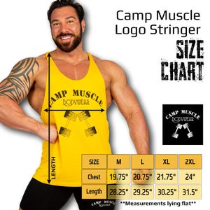 May include: A yellow stringer tank top featuring the black text Camp Muscle Bodywear and a dumbbell graphic. The image includes a size chart with measurements in inches for sizes M, L, XL, and 2XL, detailing chest and length dimensions.