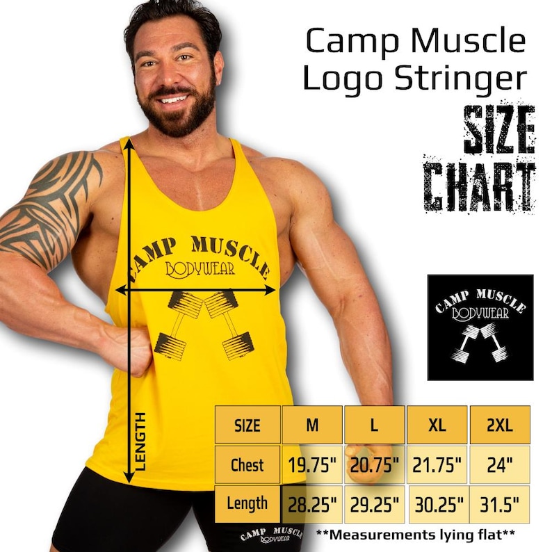 May include: A yellow stringer tank top featuring the black text Camp Muscle Bodywear and a dumbbell graphic. The image includes a size chart with measurements in inches for sizes M, L, XL, and 2XL, detailing chest and length dimensions.