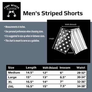 May include: Black and white striped shorts with a star-spangled design on one side and vertical stripes on the other. The image includes a size chart with measurements in inches for length, width, inseam, and waist.