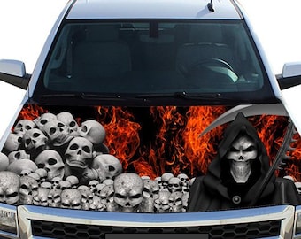 Hood Wrap, Grim Reaper Skulls and Flames, Pickup Truck Graphics, Truck Decal Stickers, Fathers Day Gift, Car