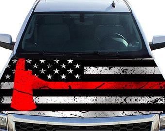 Hood Wrap, American Flag, Thin Red Line Fireman Pickaxe, Pickup Truck Graphics, Truck Decal Stickers, Fathers Day Gift, Car