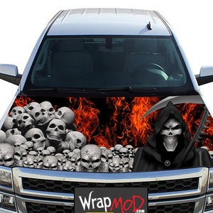 Hood Wrap, Grim Reaper Skulls and Flames, Pickup Truck Graphics, Truck Decal Stickers, Fathers Day Gift, Car