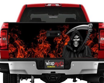 Tailgate Wrap, Fire and Flames With Grim Reaper, Pickup Truck Graphics, Truck Decal Stickers, Fathers Day Gift