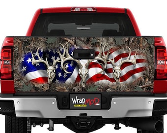 Tailgate Wrap, Camouflage American Flag Deer Skulls, Deer Hunting, Pickup Truck Graphics, Truck Decal Stickers, Patriotic, Fathers Day Gift
