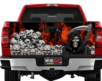 Tailgate Wrap, Grim Reaper Skulls and Fire, Pickup Truck Graphics, Truck Decal Stickers, Fathers Day Gift