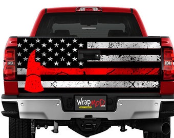 Tailgate Wrap, Thin Red Line, Firefighter, Pickaxe, Pickup Truck Graphics, Truck Decal Stickers, Patriotic, Fathers Day Gift