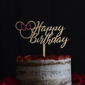 Happy Birthday Gold Cake Topper - Girls Mouse with Pink Glitter Bow, Sparkling Cake Topper