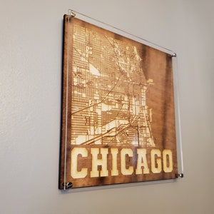 Chicago Map 3D Gravé Wall Decor - Carte gravée en bois de Chicago avec panneau acrylique