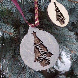Christmas Tree Ornaments Personalized - Wooden Name Ornaments Golden Oak, Gray & Unfinished