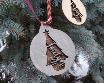 Christmas Tree Ornaments Personalized - Wooden Name Ornaments Golden Oak, Gray & Unfinished