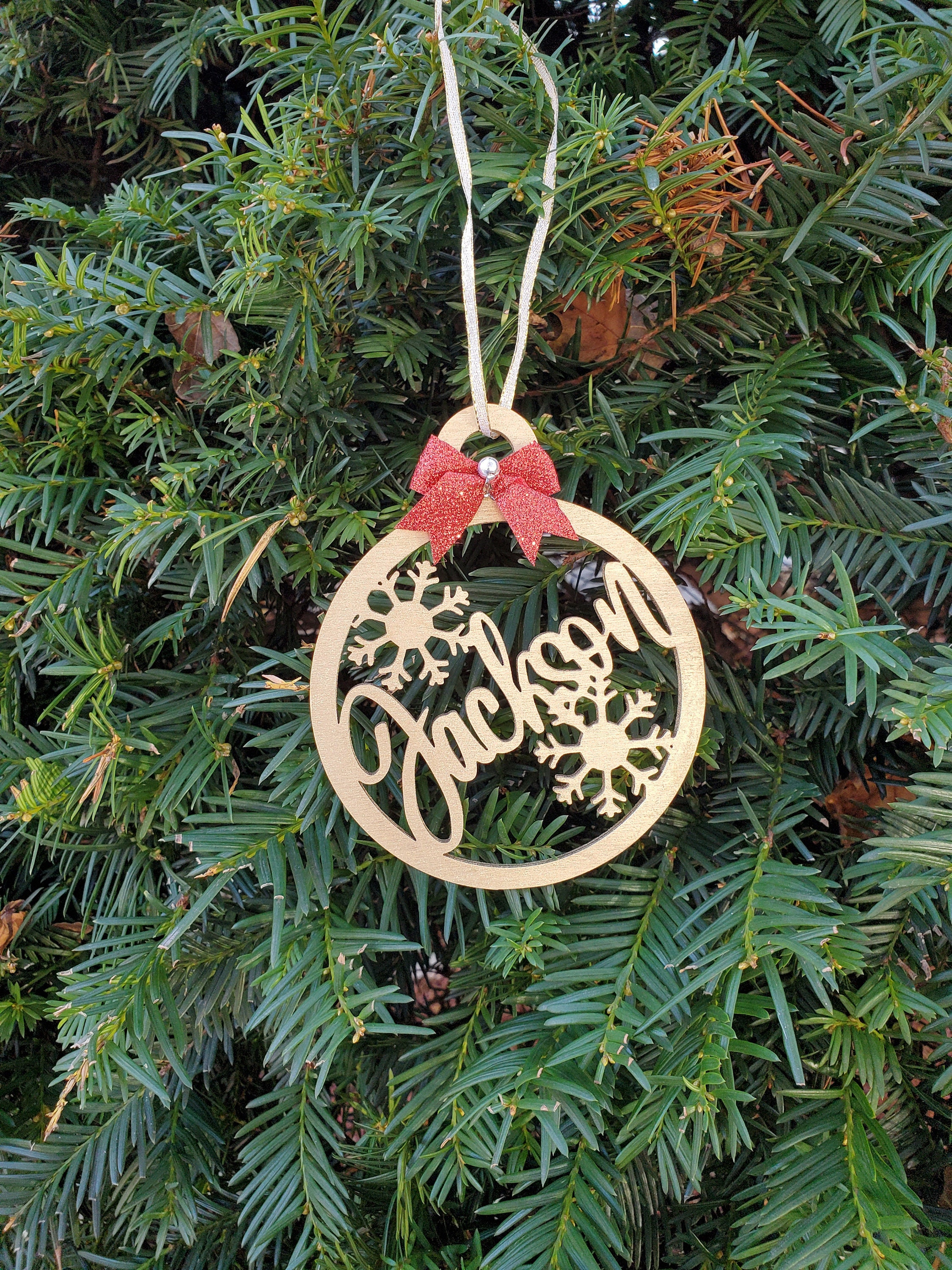 Christmas Tree Ornaments Personalized - Wooden Name Ornaments Gold or Silver With Glitter Bow