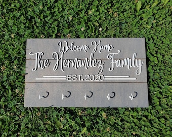Personalized Family Name Key Holder - Weathered Grey Backing, Customize Text and Hook Colors