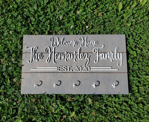 Personalized Family Name Key Holder - Weathered Grey Backing, Customize Text and Hook Colors