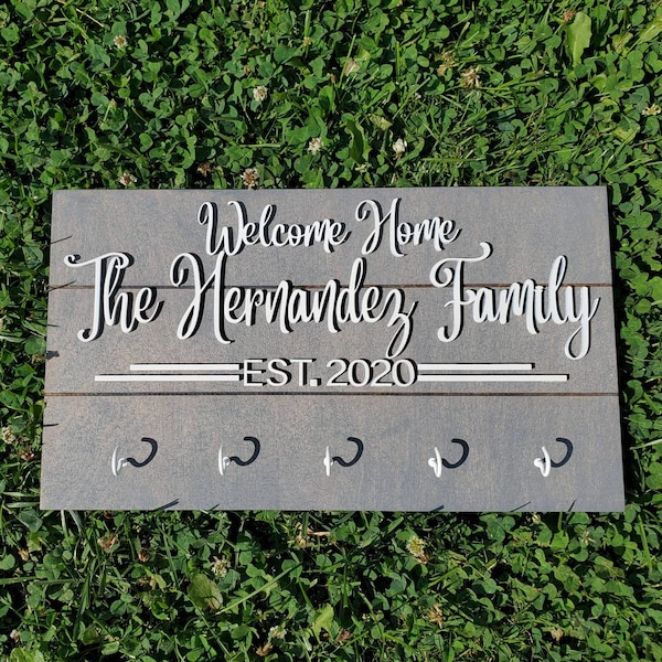 Personalized Family Name Key Holder - Weathered Grey Backing, Customize Text and Hook Colors