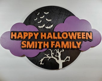 24" Happy Halloween Personalized Wall Sign - 2 Foot Spooky Painted Halloween Sign with Family Name