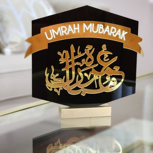 Signo de acrílico Umrah Mubarak con placa de madera Base-Umrah Gift-Umrah
