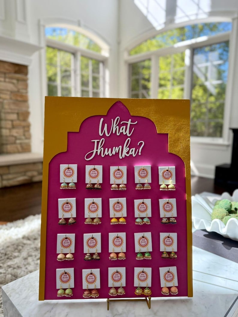 May include: A display of various jhumka earrings on a pink background, with the text "What Jhumka?" in white script. The display is framed in gold and features multiple pairs of earrings in different colors and designs.