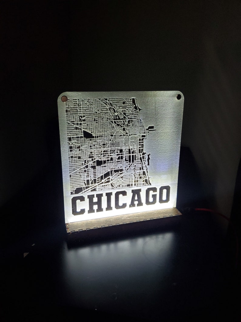 City of Chicago Map Acrylic Lamp Dark Walnut USB Powered Wooden Street Map Lamp
