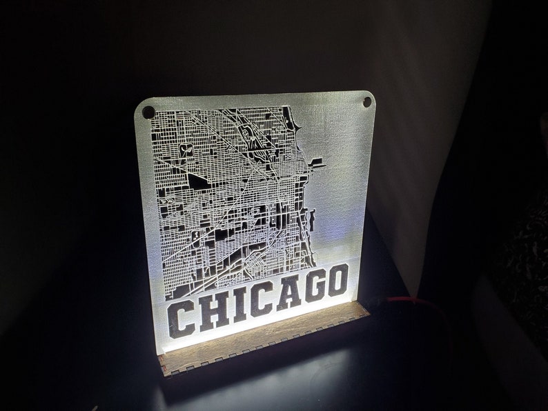 City of Chicago Map Acrylic Lamp Dark Walnut USB Powered Wooden Street Map Lamp