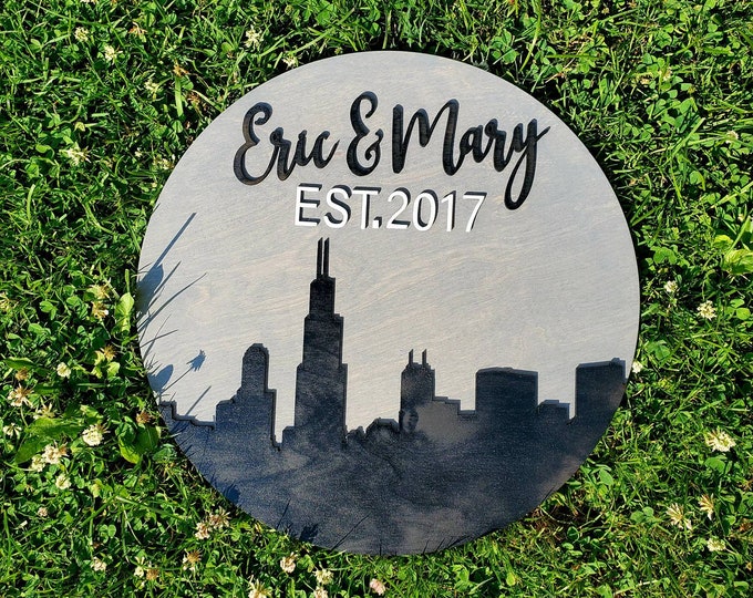 16" Personalized Chicago Skyline Wall Round Decor - Family Name and Date Customized