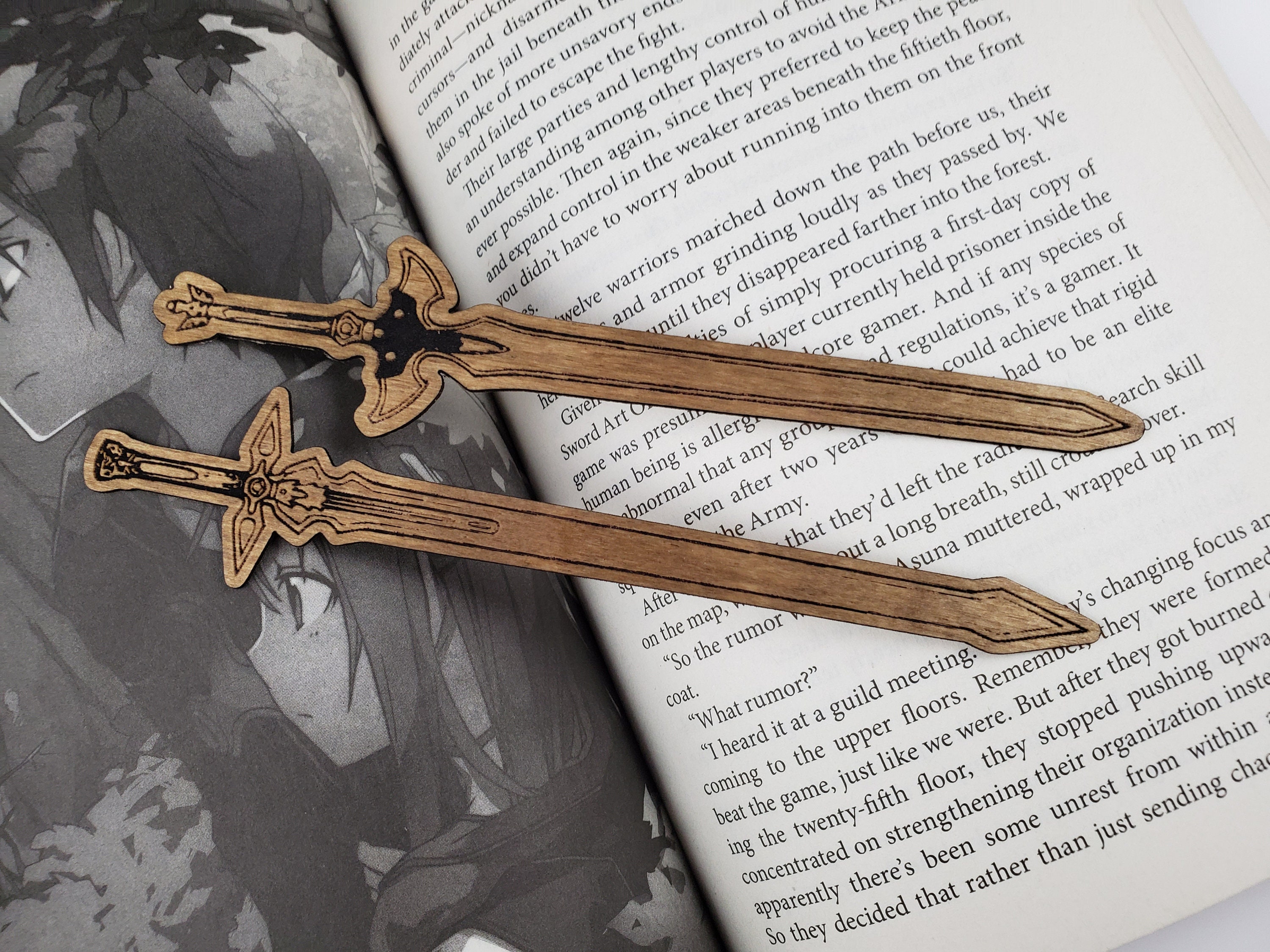 Fantasy Swords Bookmark Set - Two Golden Finished Wood Veneer Sword Bookmarks