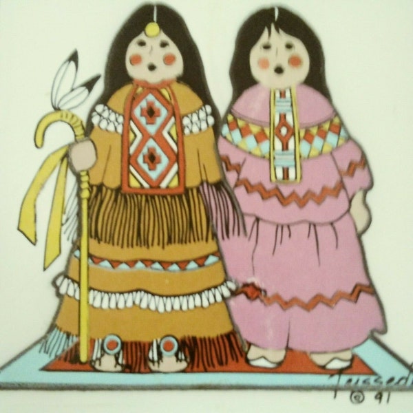 Klei onderzetter Tegel 4 "x4" Pueblo Maiden Meisjes Gekleed voor Ceremonie! Vintage 1991 Gesigneerde Teissedre Pastels