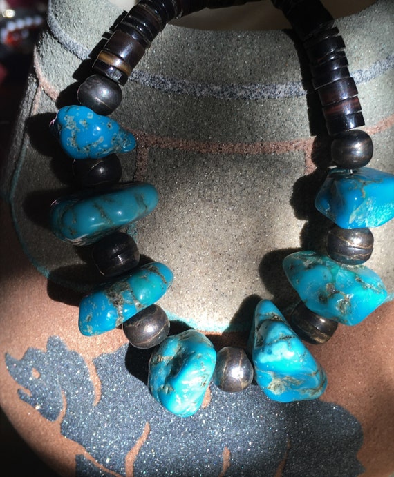 Vintage Sterling Silver Bench Beads and Turquoise… - image 1