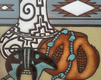 Turquoise Clay Trivet Tile 6&quot;x6&quot; Pueblo Bear, Olla Pot Vintage 1984 Teissedre Designs MAGICAL!