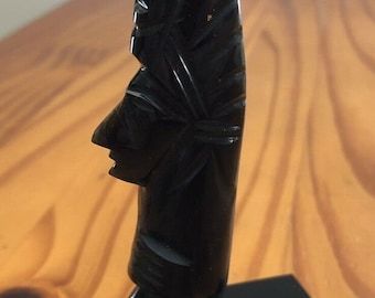 Mayan Aztec Obsidian Black Stone Hand Carved  Figurine 4.5”