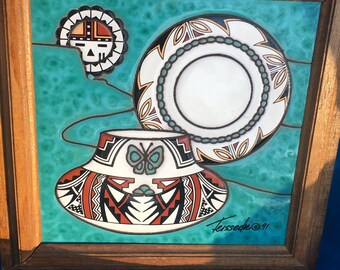 Clay Trivet Tile 6&quot;x6&quot; Pueblo Turquoise Blue Sun, Olla Pot Vintage Teissedre Designs 1991 MAGICAL! Framed OR Unframed