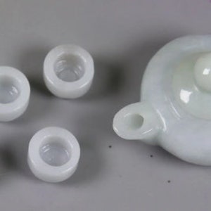 Hand-Carved Lavender Jadeite Tea Set: Gem Certified Miniature Teapot & Cups