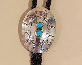 Bolo Traditional Silver Turquoise 2 Stone Hand-Stamped Silver with Tips Vintage Hallmark
