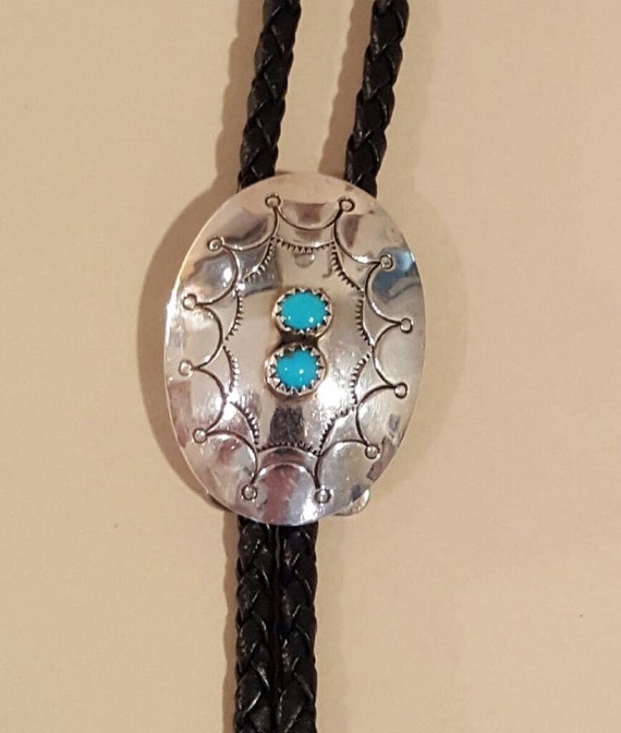 Bolo Traditional Silver Turquoise 2 Stone Hand-St… - image 1