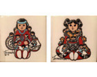 Set of 2 Clay Trivet Tile Pueblo Boy/Girl, 1982 Vintage Signed Teissedre Clay Trivet 4x4 Tiles