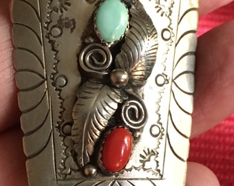 Bolo Traditional Sterling Silver Turquoise + Coral Ornate Stamped Silver with Tips Vintage Hallmark Southwest Pueblo Art Unisex