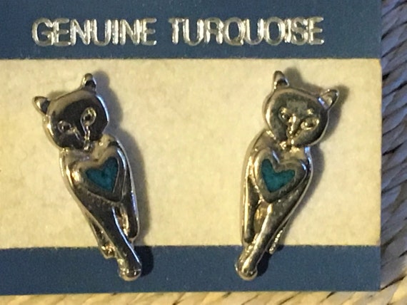 Kitty Cat Silver Heartline Earrings New Old Stock… - image 1