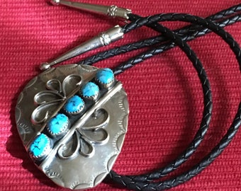 Turquoise Bolo Large 2.5" Southwest Artisan 5-Stone Turquoise Sterling Silver Bolo Tie signed NEL J Hallmark