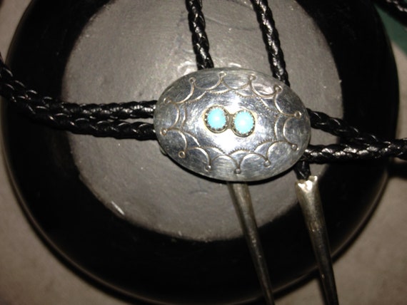 Bolo Traditional Silver Turquoise 2 Stone Hand-St… - image 7