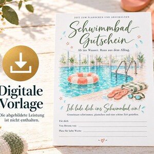 Vale imprimible para piscina: regala diversión en la piscina. Plantilla PDF DIN A4 para rellenar.