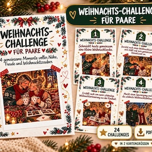 Puede incluir: Un juego de tarjetas de desafío navideño para parejas con 24 tarjetas de actividades, ilustraciones festivas, bordes botánicos rojos y verdes y texto en alemán. Las tarjetas incluyen tareas numeradas y una etiqueta de descarga PDF sobre fondo blanco.