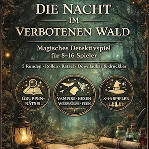 Può includere: Immagine promozionale per un gioco di fuga fantasy intitolato "Die Nacht im Verbotenen Wald". L'immagine presenta un libro aperto, una lanterna e delle pergamene. Il testo include "Magisches Detektivspiel für 8-16 Spieler" e icone.
