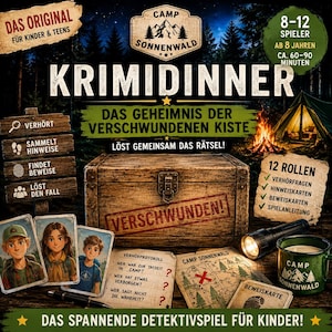 May include: A board game box with the title "Krimidinner" and the text "Das Geheimnis der Verschwundenen Kiste". The image features a wooden chest, cards, a flashlight, and a green mug. The game is for 8-12 players, ages 8 and up.