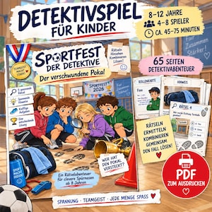 Könnte beinhalten: Ein ausdruckbares PDF-Detektivspiel für Kinder mit dem Titel Sportfest der Detektive, das vier Kinder zeigt, die Fußabdrücke in einer Turnhalle untersuchen. Das Spiel enthält 65 Seiten mit Rätseln, Rollenkarten und Hinweisen für 4-8 Spieler ab 8 Jahren.