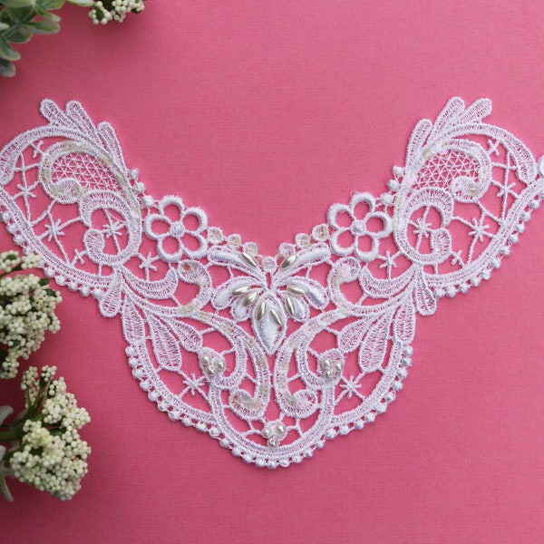 8 1/4" X 4 5/8" Floral Collar Appliqué with Sequins and Beaded Details (APP007-W)